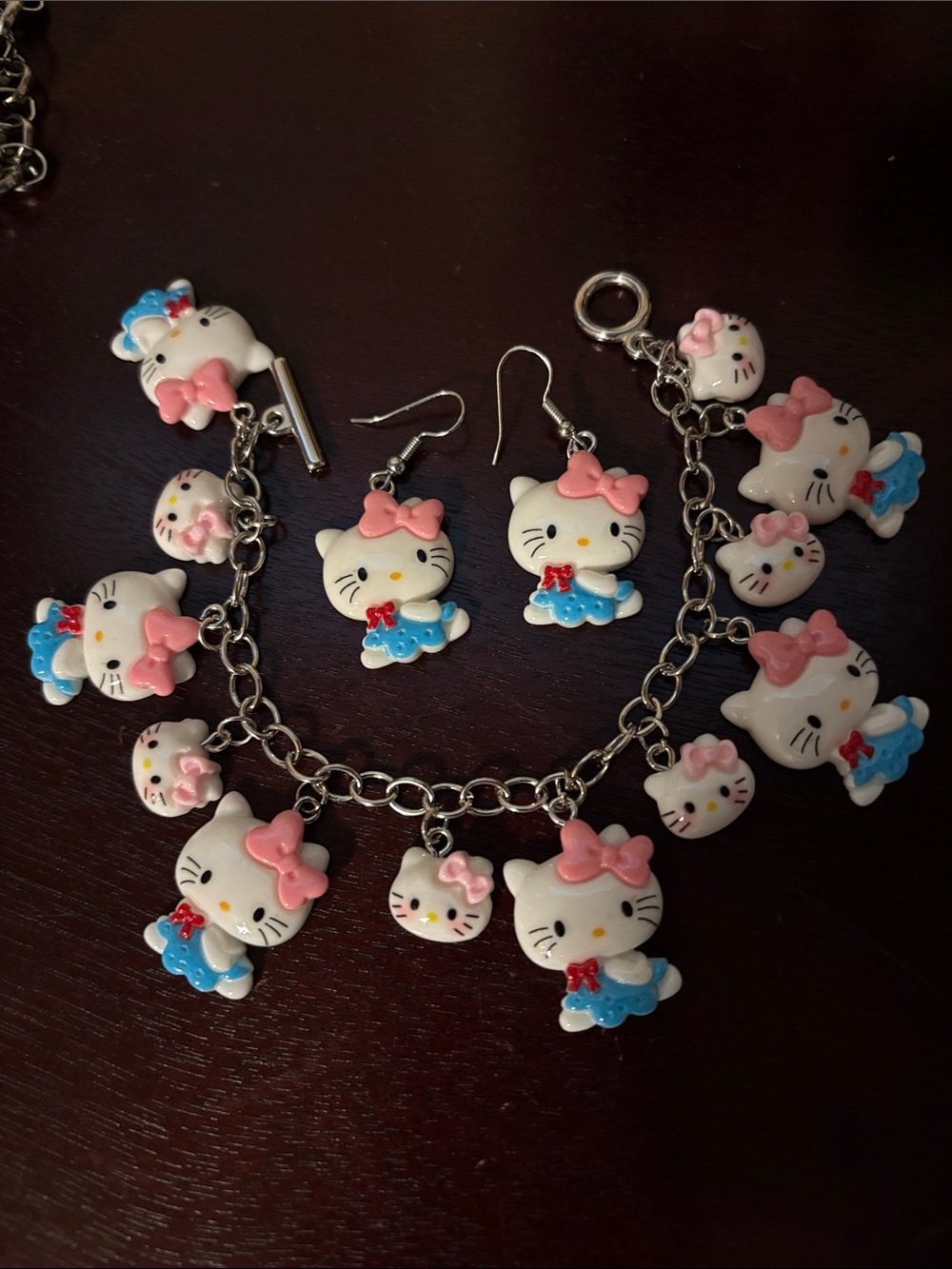 Pink & Blue Cat Charm Bracelet and Earring Set - Kids Accessories